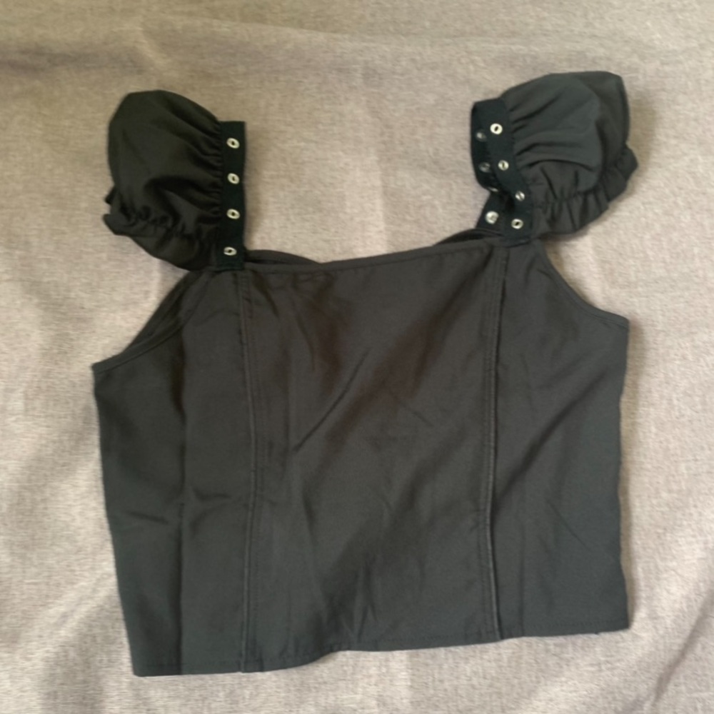 Black Lace Up Goth Grunge Puff Sleeve Blouse - Picture 5 of 7